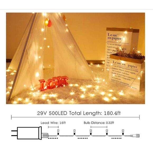 180FT 500 LED Lights Warm White 8 Modes Led Twinkle Fairy Light Plug in - Picture 7 of 8